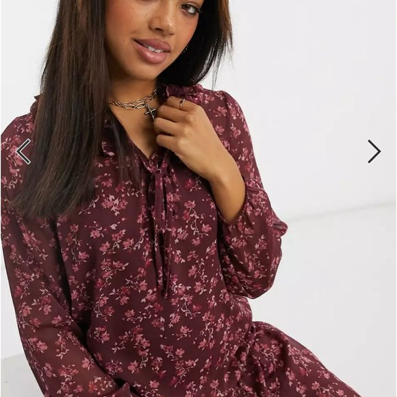 Frill Neck Chiffon Smock Floral Mini Dress - Picture 8 of 8